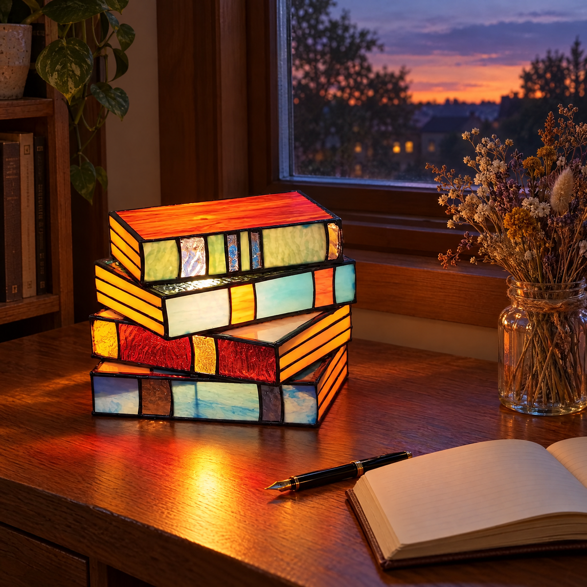 Libro stained glass book lamp on an oak writing desk at dusk