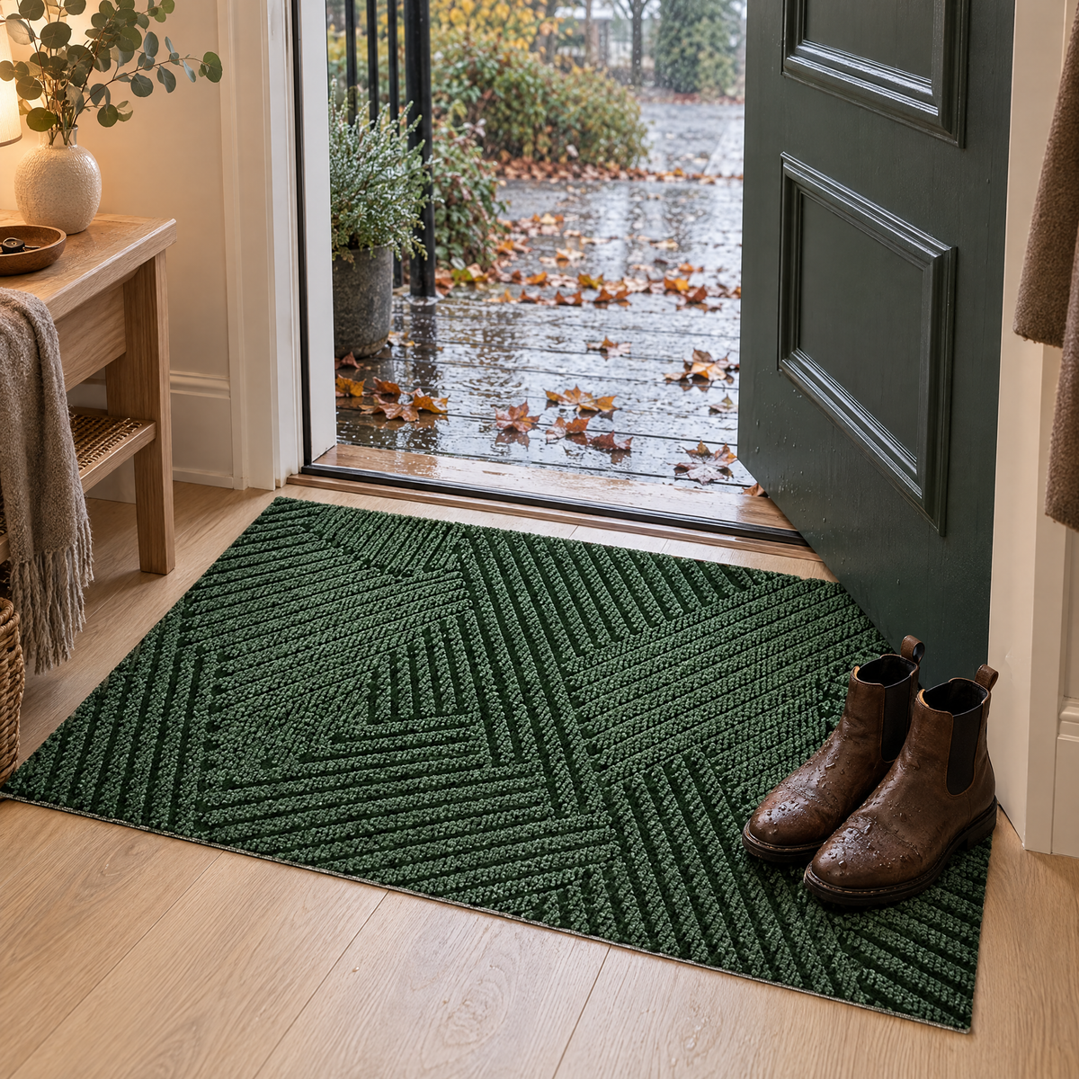Linnea door mat at a front entry threshold on a rainy day