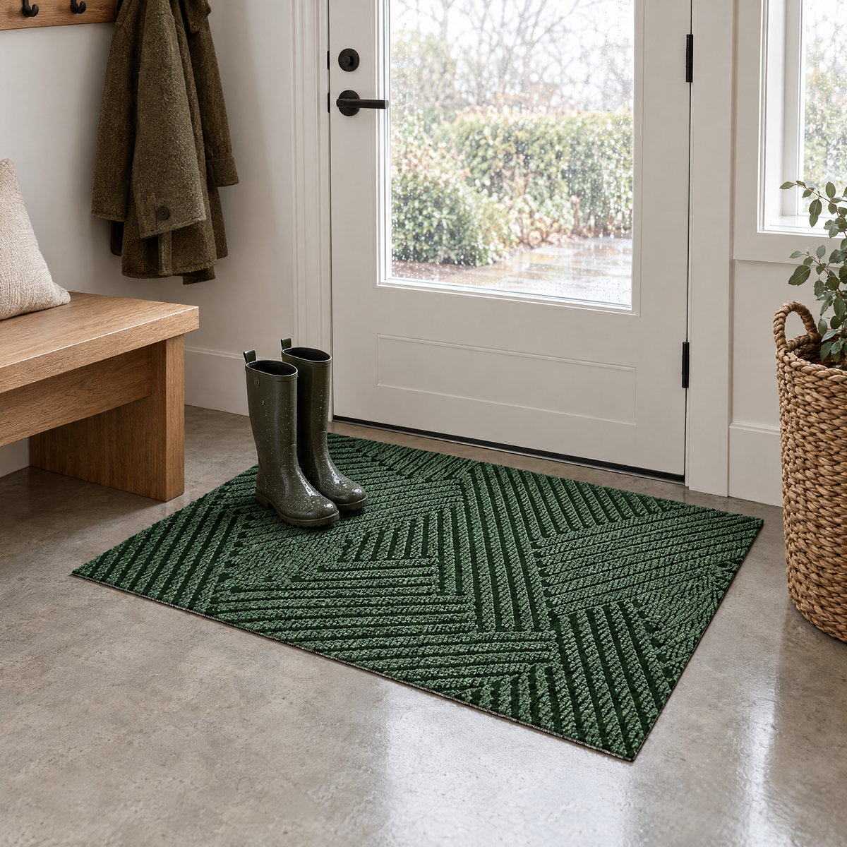 Linnea door mat lying flat on a polished concrete mudroom floor