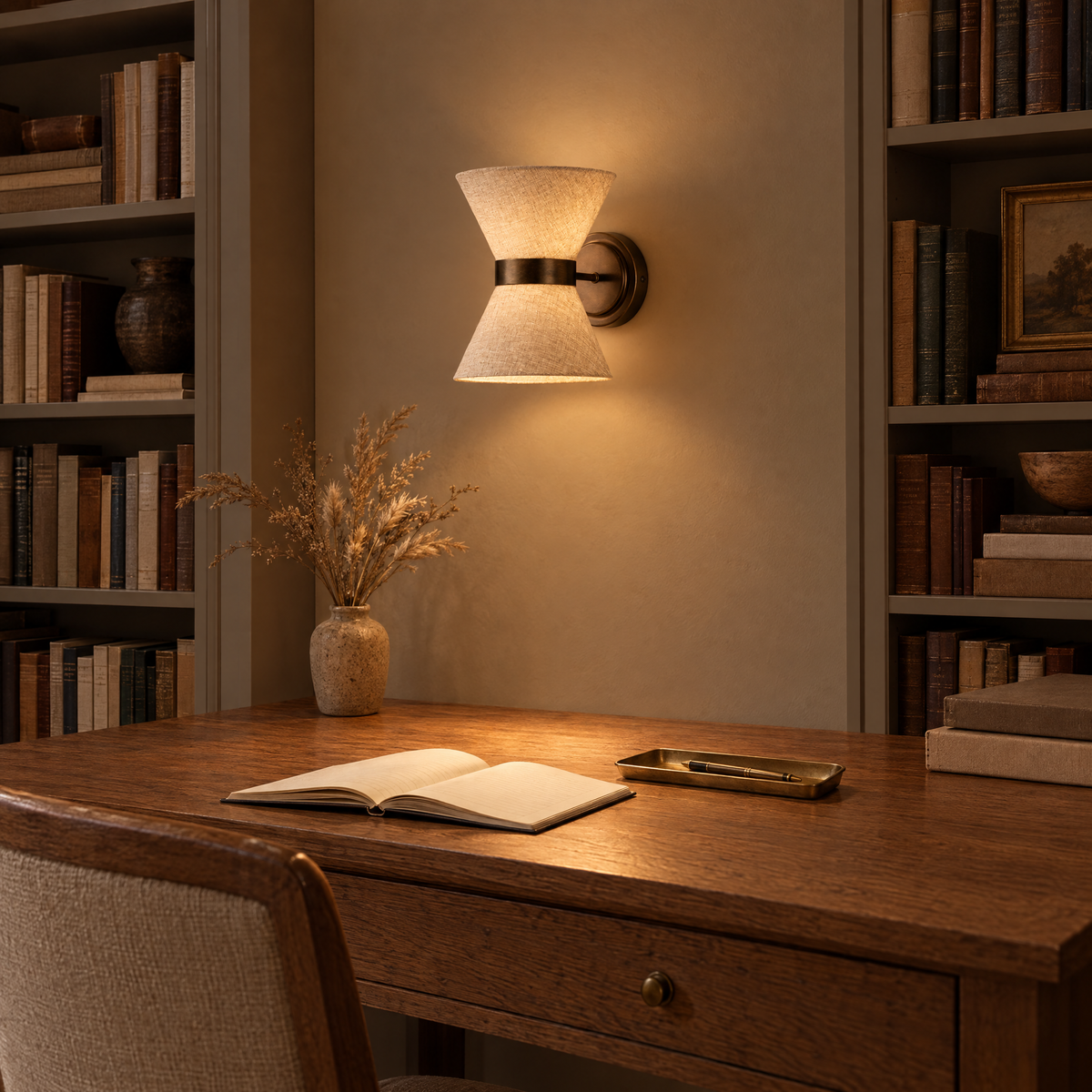 Lino Bronze and Linen Wall Light above an oak writing desk in a study