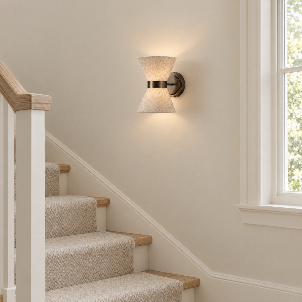 Lino Bronze and Linen Wall Light on a stairwell landing