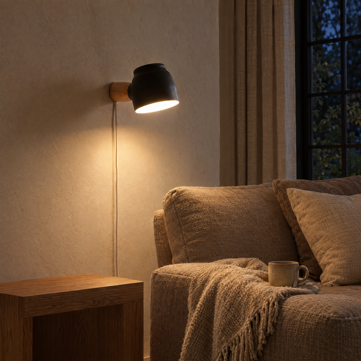 Lume plug-in sconce above a sofa