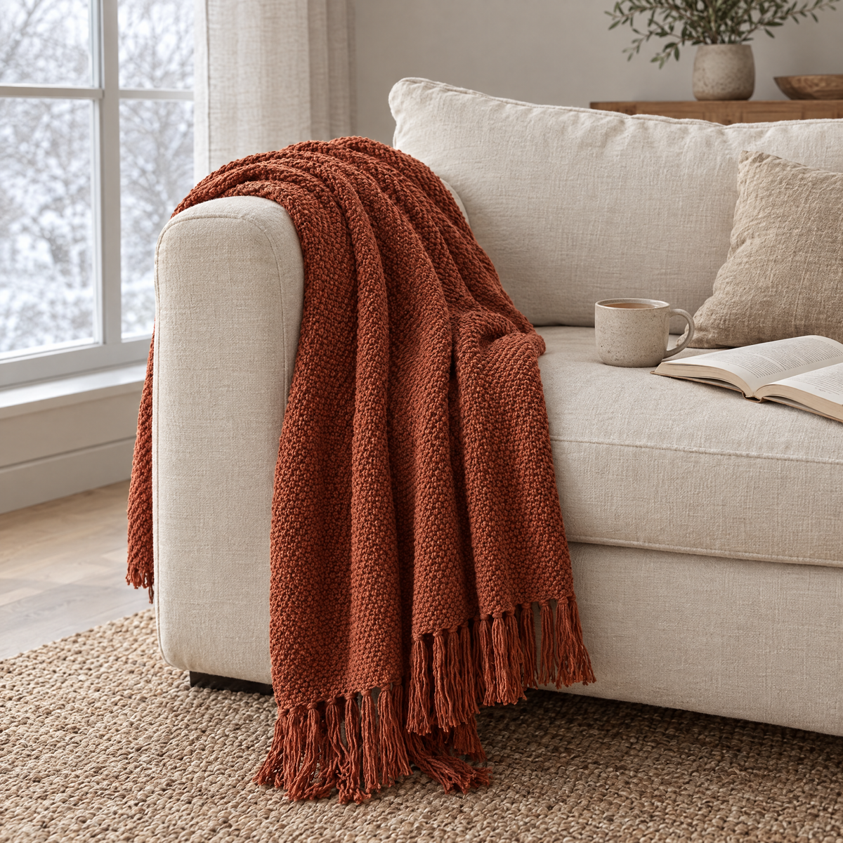 Maglia knit throw over a sofa arm