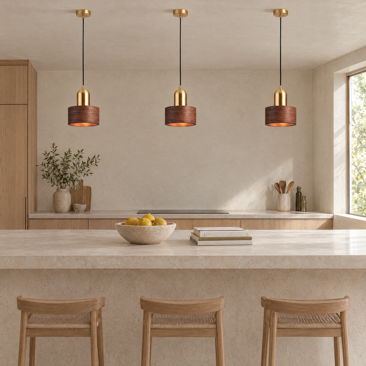 Noce Walnut Cylinder Pendant Light three pendants over a stone kitchen island
