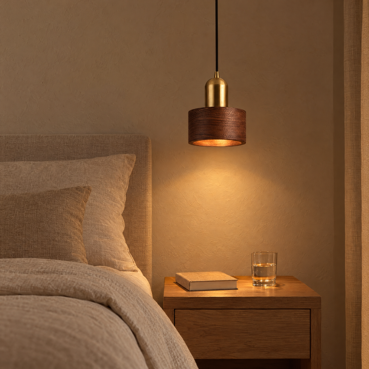 Noce Walnut Cylinder Pendant Light as a bedside light beside an oak nightstand