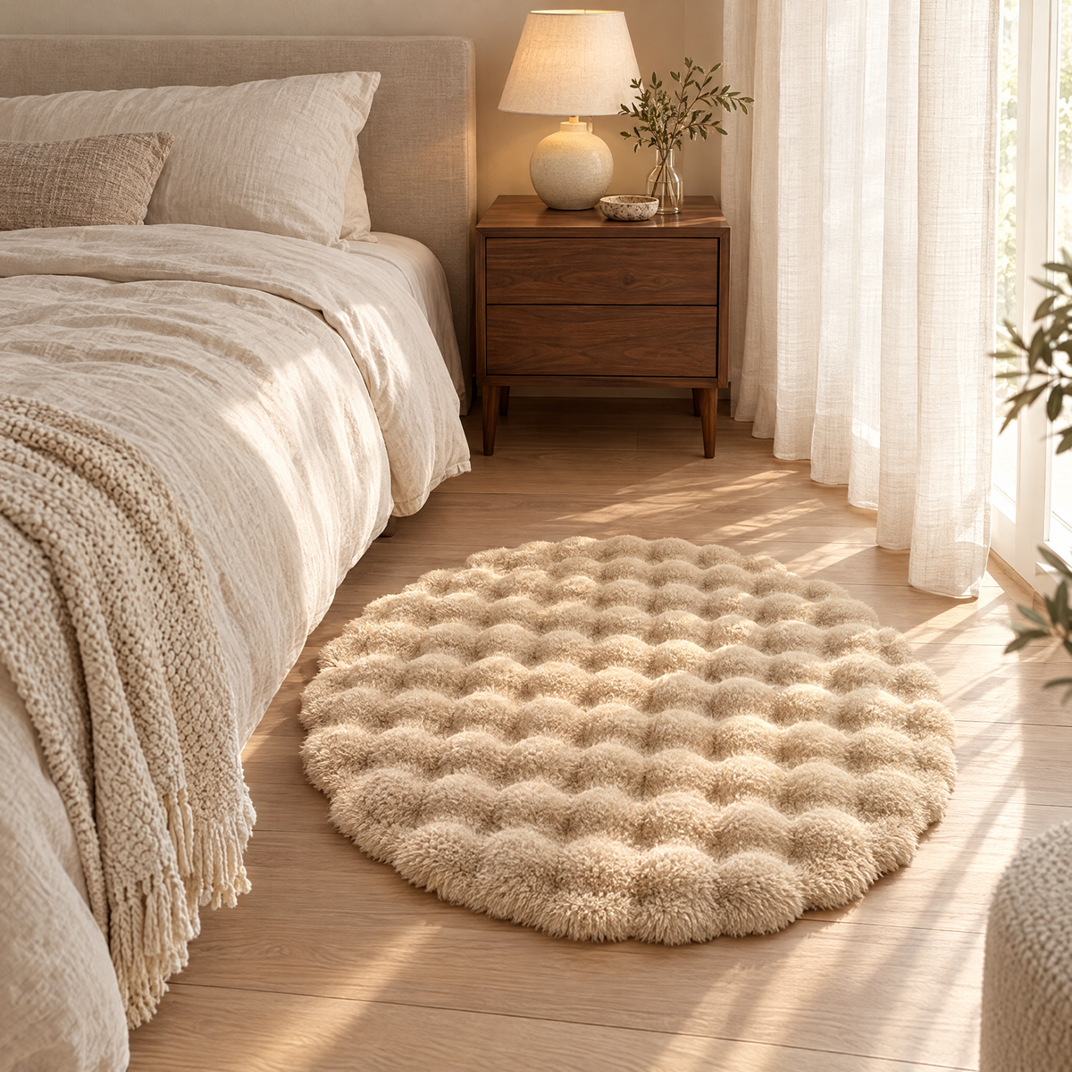 Beige Nuvola rug beside a linen-dressed bed