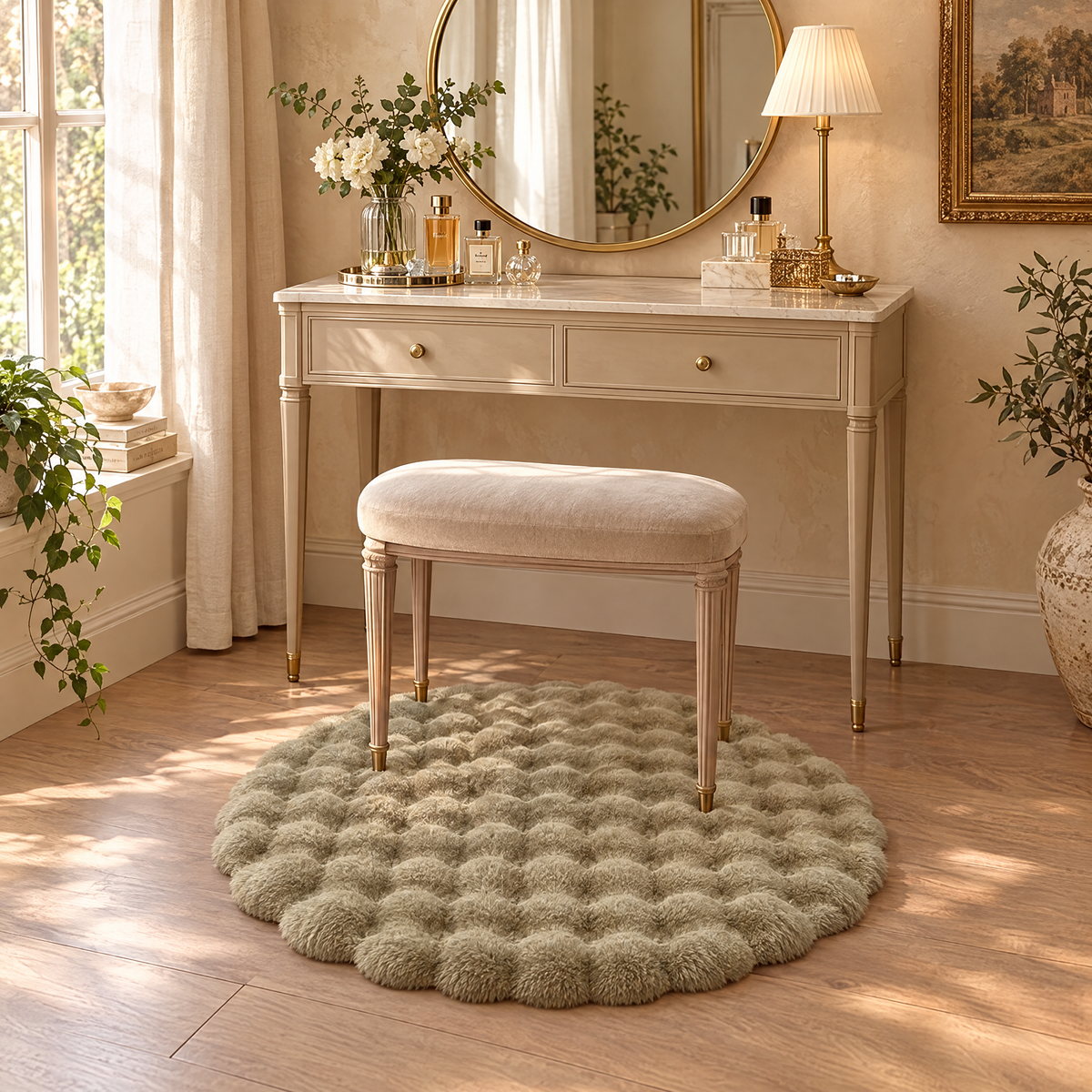 Khaki Nuvola rug beneath a vanity stool