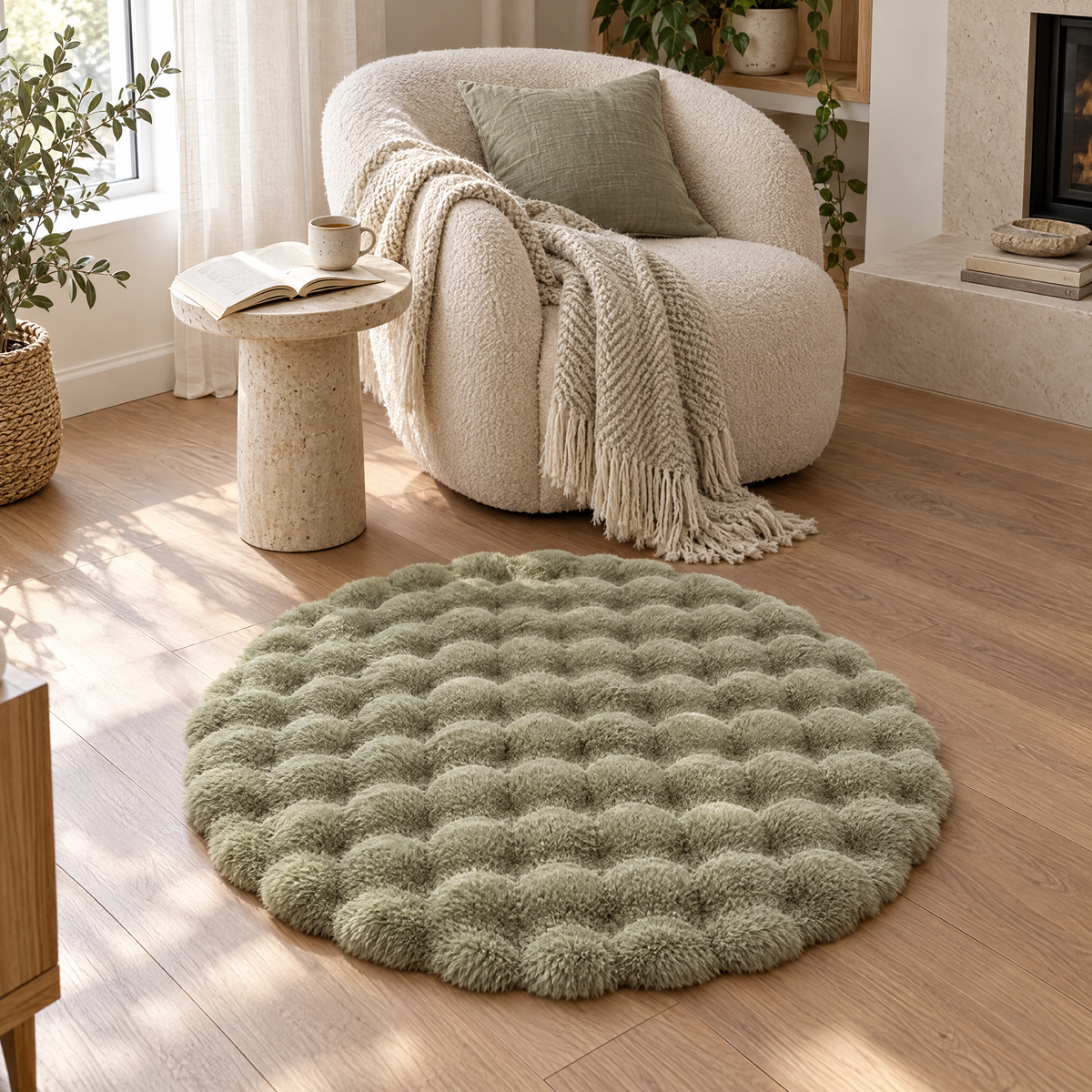 Green Nuvola rug in a reading nook with a lounge chair
