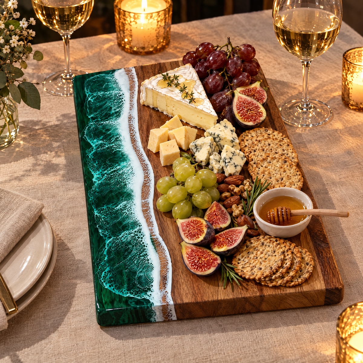 Onda resin and acacia board with a cheese spread on a candlelit table