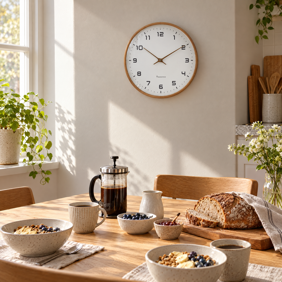 Ora wall clock in brown above a kitchen table set for breakfast