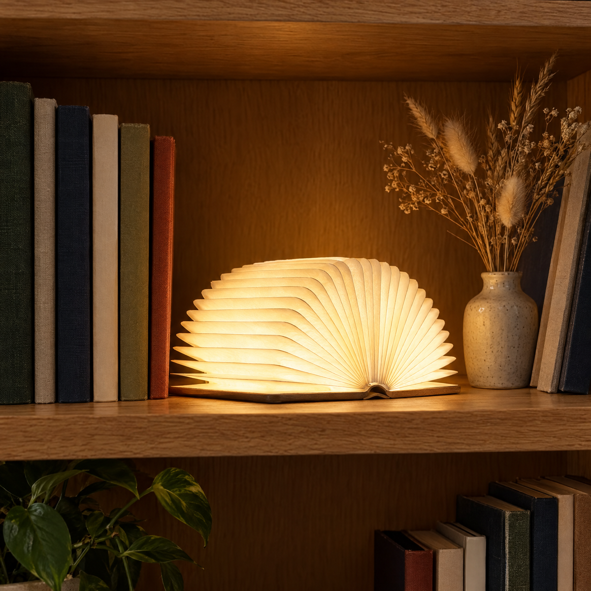 Pagina folding book lamp glowing between books on an oak shelf