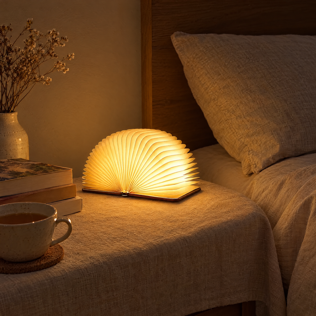 Brown Pagina book lamp opened into a lantern on a nightstand