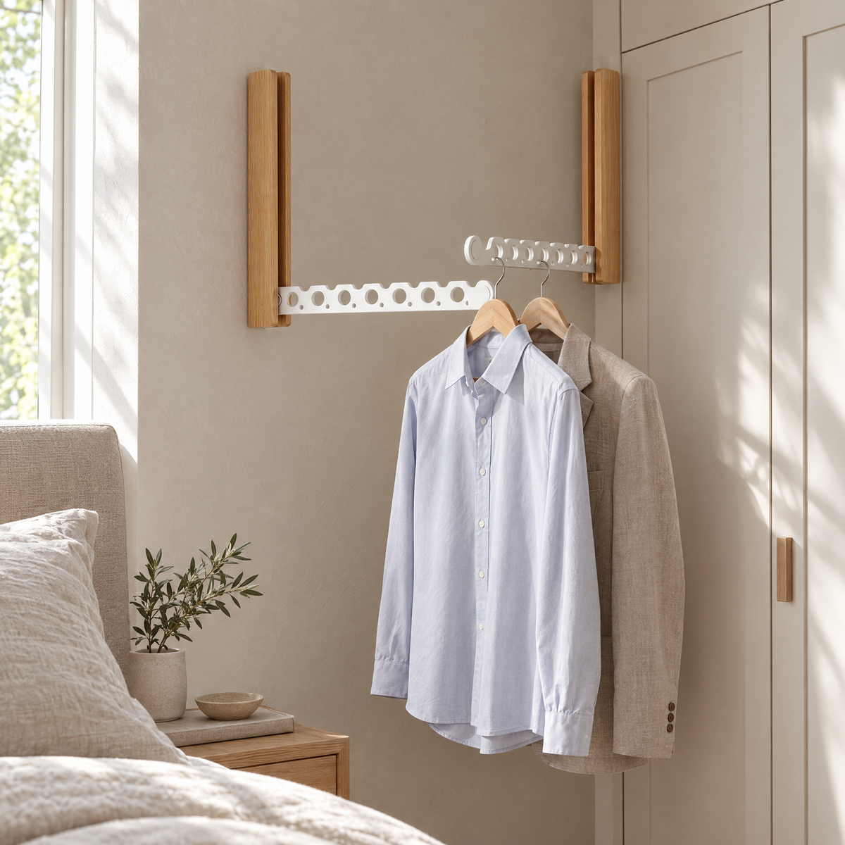 Piega folding rail holding a shirt and blazer