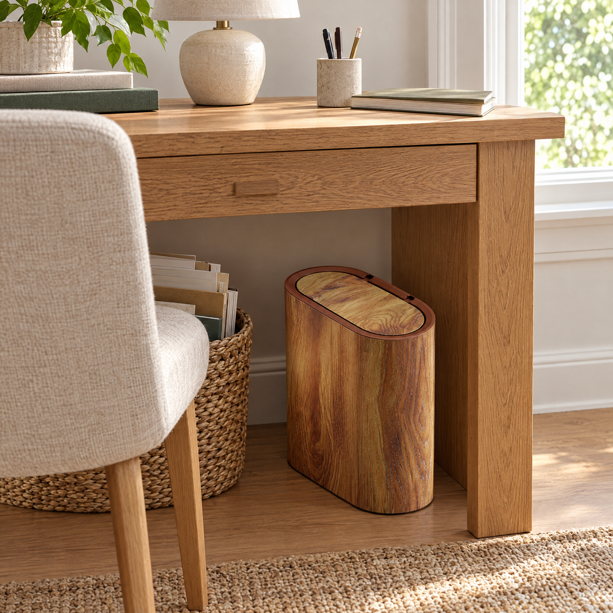 Wood grain Pulito waste bin under an oak desk in a study