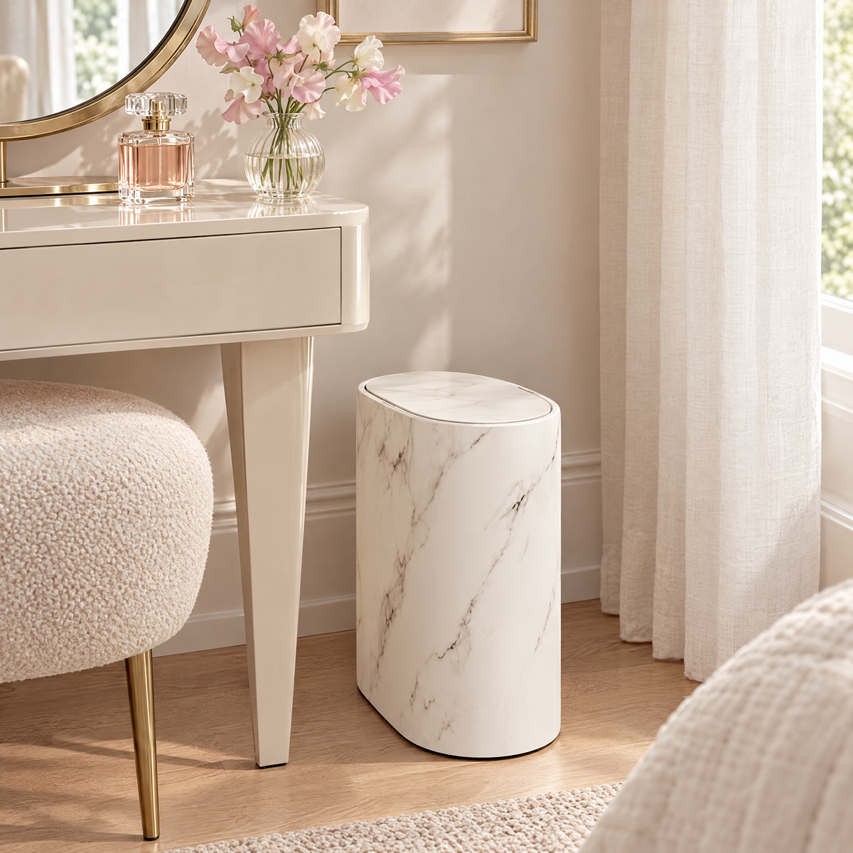 Cream Pulito waste bin beside a dressing table