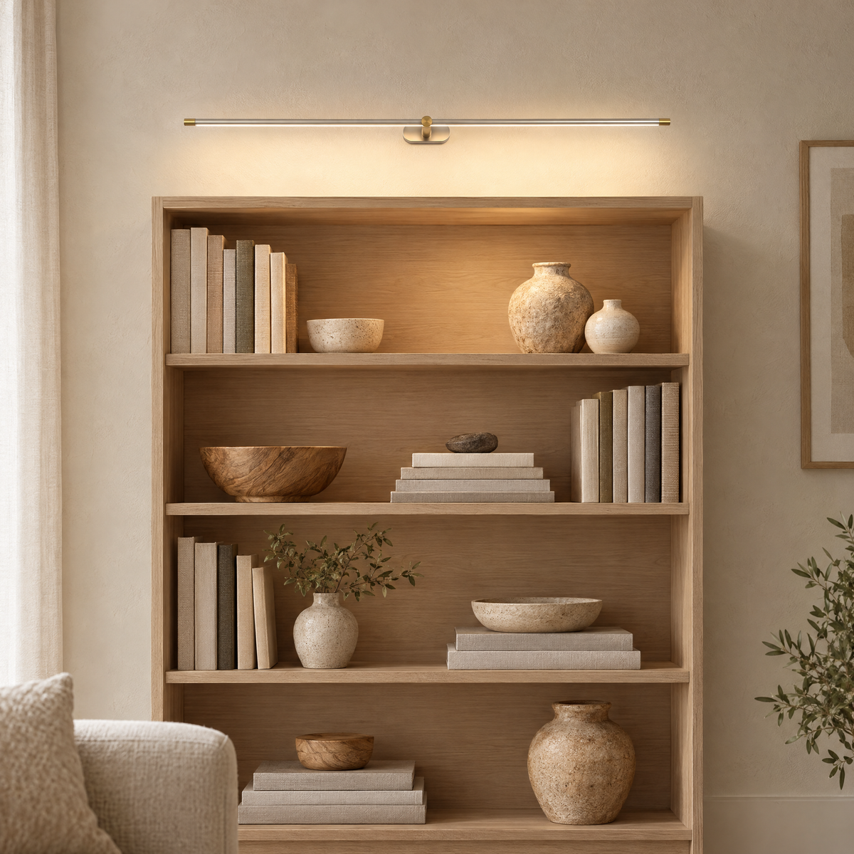Quadro linear wall light over an oak bookshelf