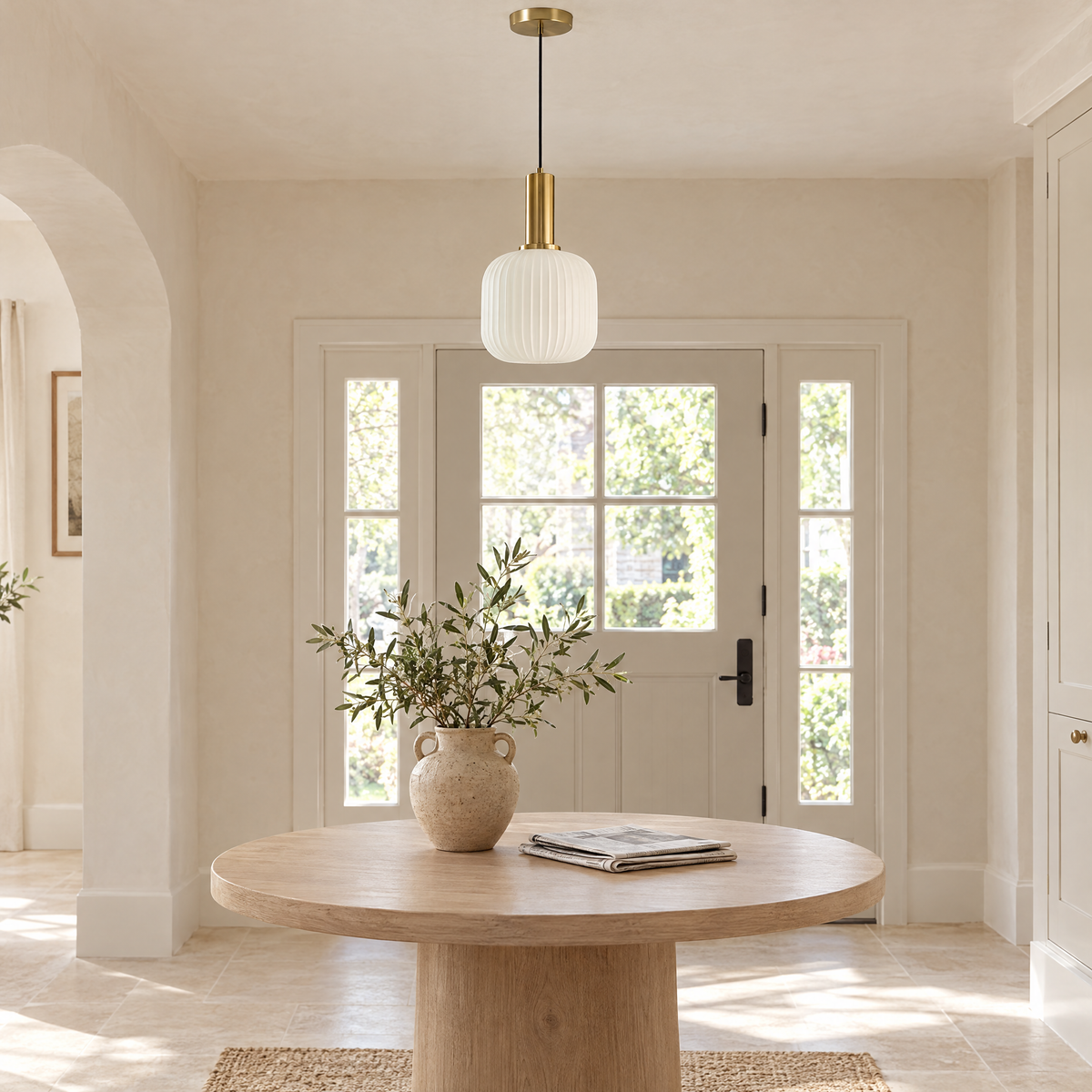 Rigata Ribbed Glass Ceiling Light above an oak table in a bright entrance