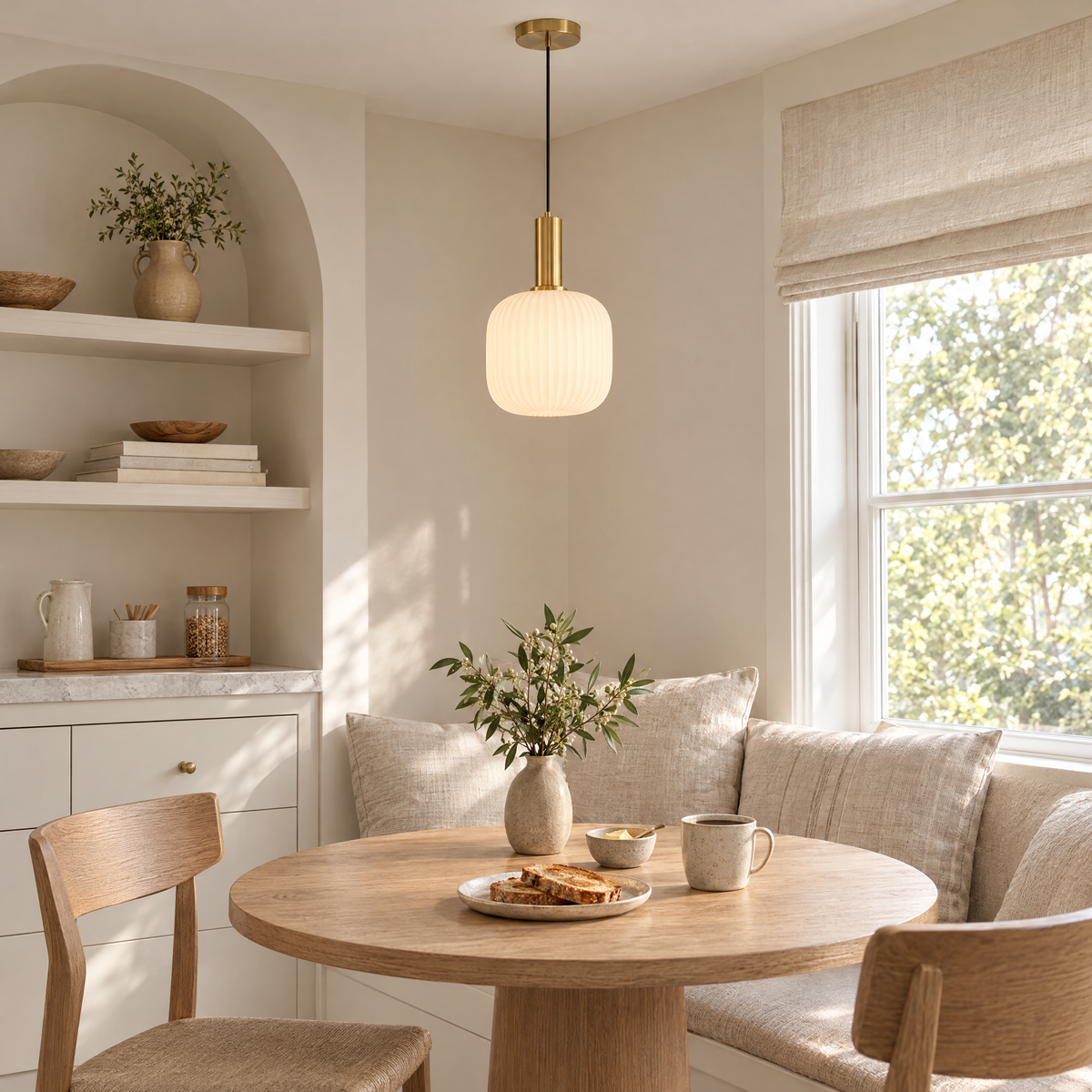 Rigata Ribbed Glass Ceiling Light above a breakfast banquette