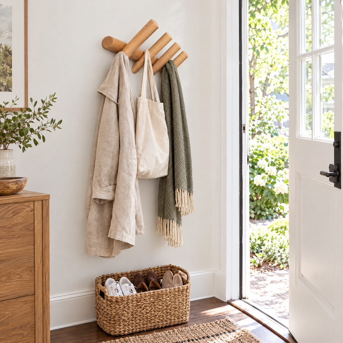 Rovere oak wall rack holding a coat, tote and scarf in a bright entryway