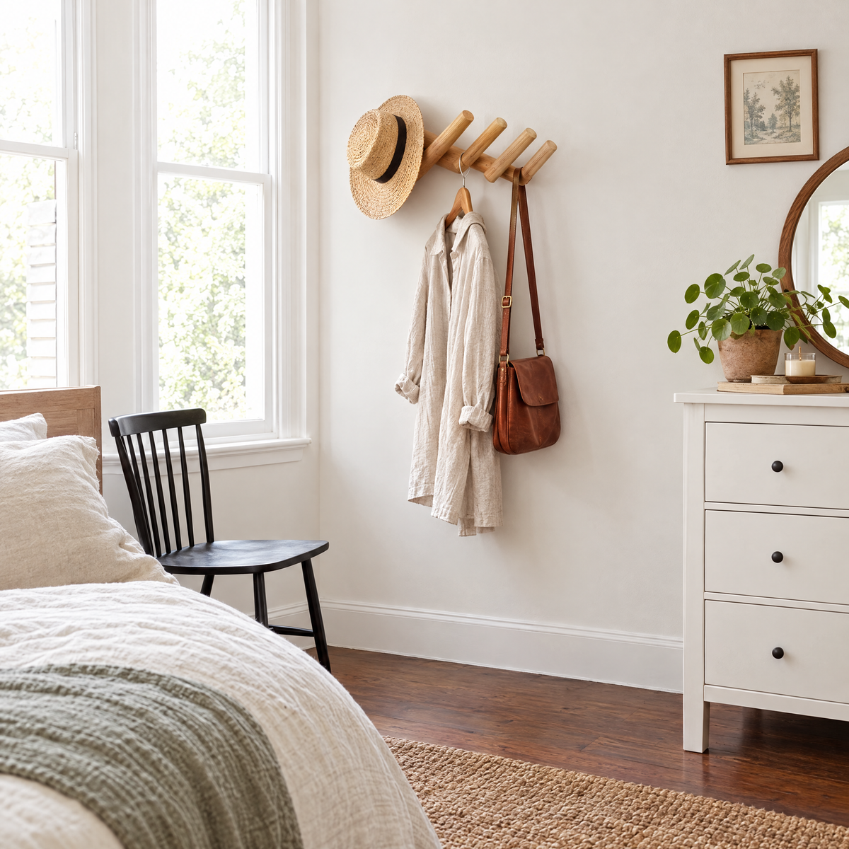Rovere oak wall rack holding an outfit, hat and bag in a bedroom
