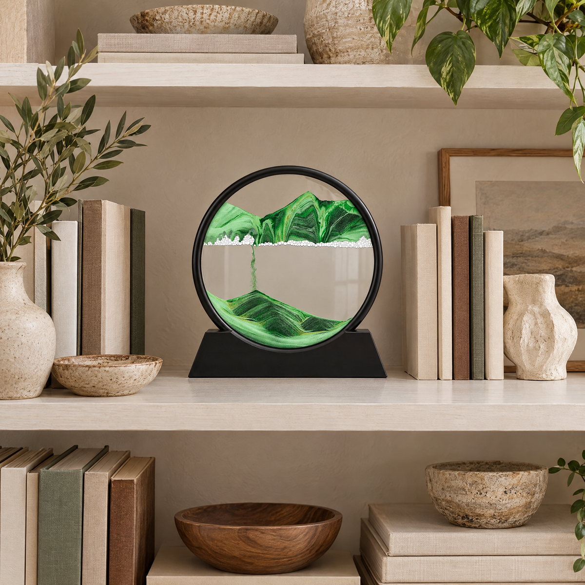 Sabbia sand art on a bookshelf