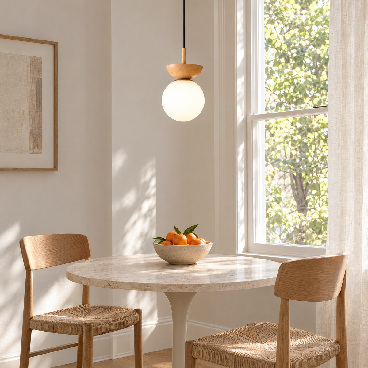 Sfera Opal Glass Globe Pendant Light over a round cafe table by a window