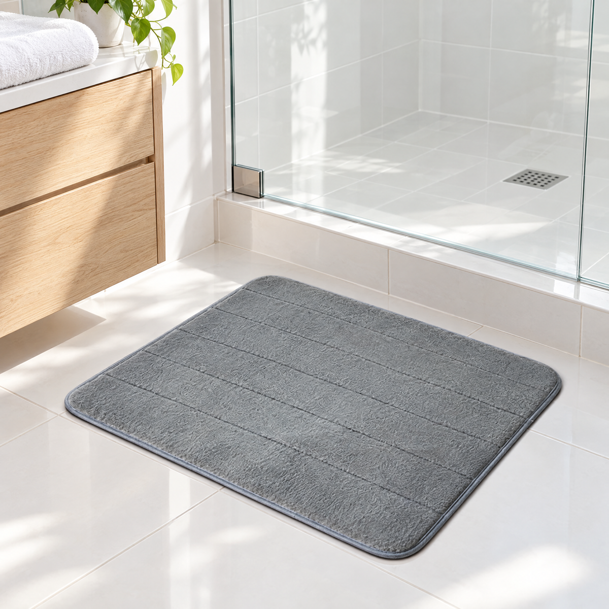 Soffio plush bath mat in dove in front of a glass shower