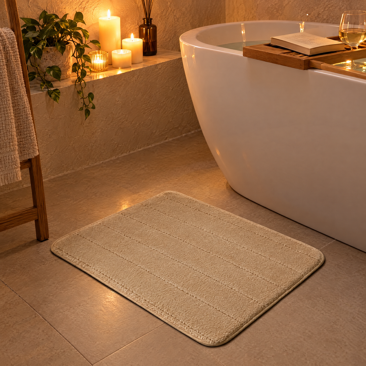 Soffio plush bath mat in sand beside a candlelit bathtub