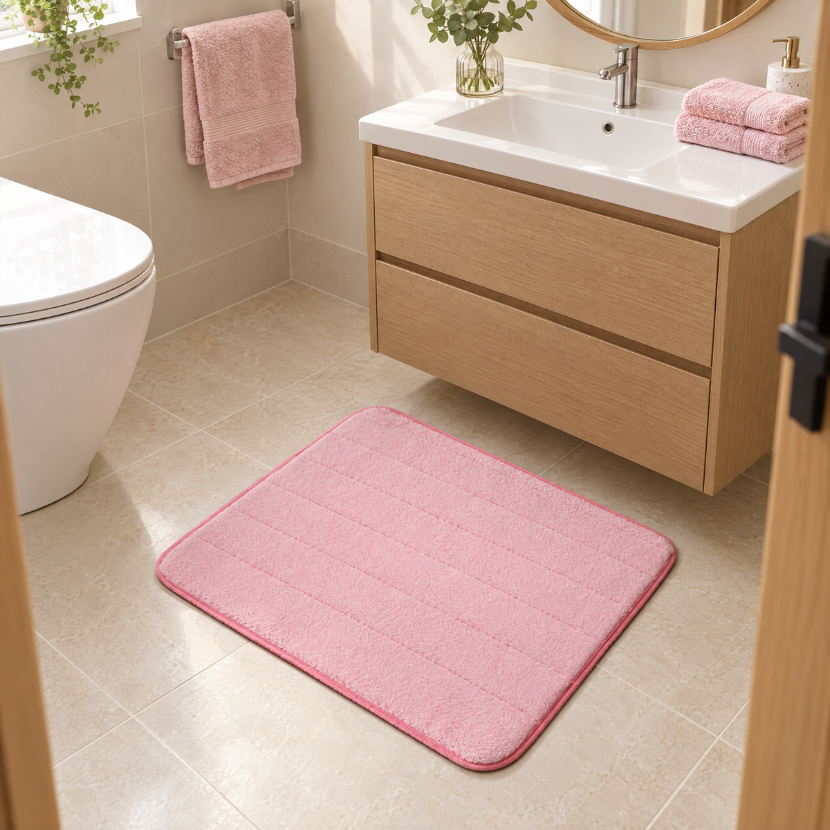 Soffio plush bath mat in blush in a guest bathroom