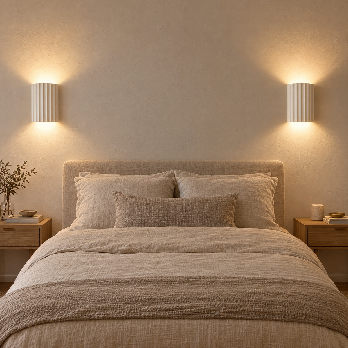 Pair of white Solco ribbed wall lights framing a bed