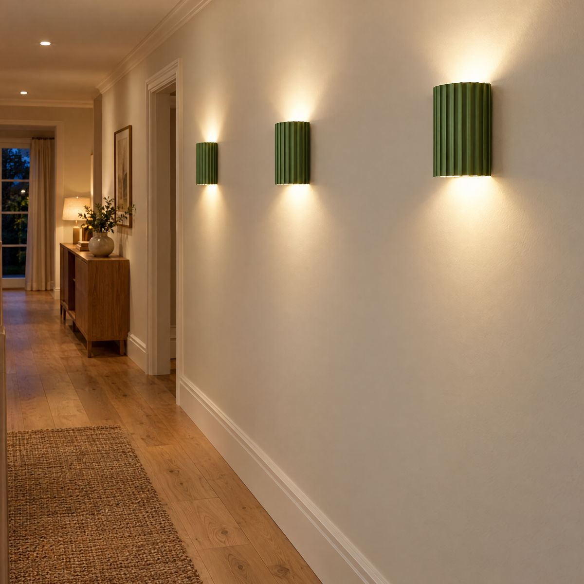 Three sage Solco wall lights lining a hallway