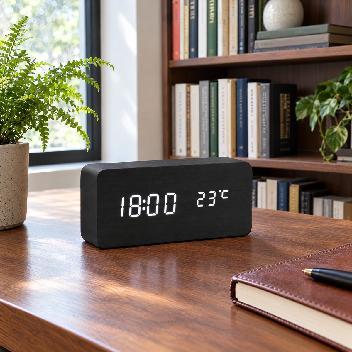 Black Sveglia LED alarm clock on a walnut desk in a study