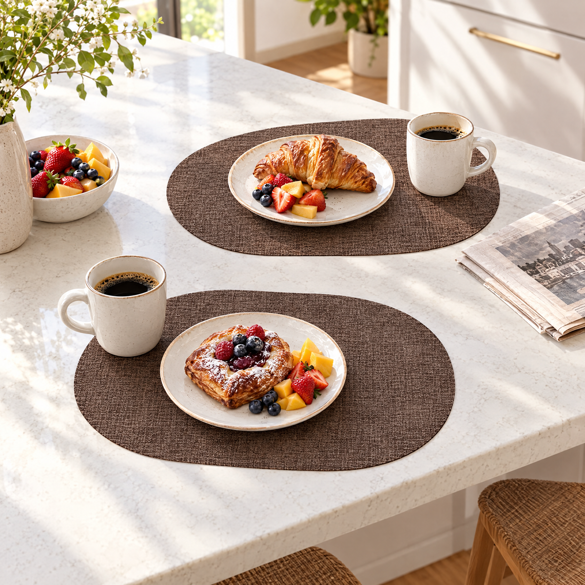Brunch on coffee Tavola placemats at a kitchen island
