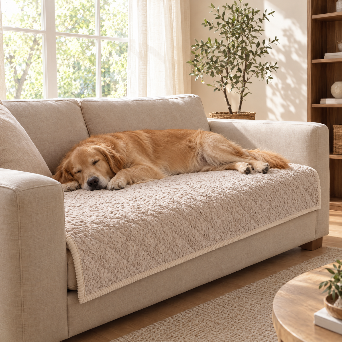 Dog asleep on a sofa with the Trapunta cover