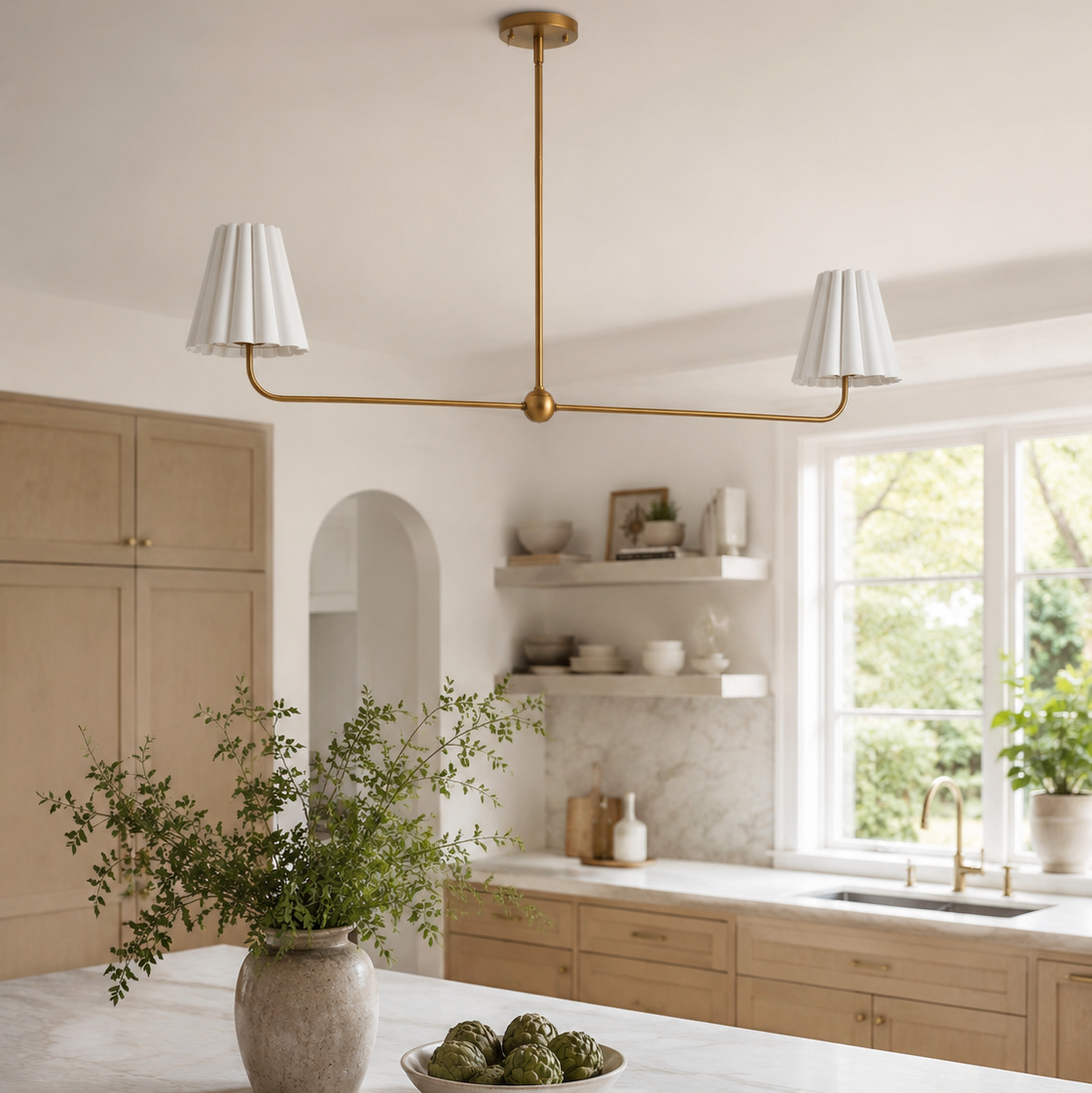 Vesta Brass Linear Chandelier - 2-Light Fabric Shade
