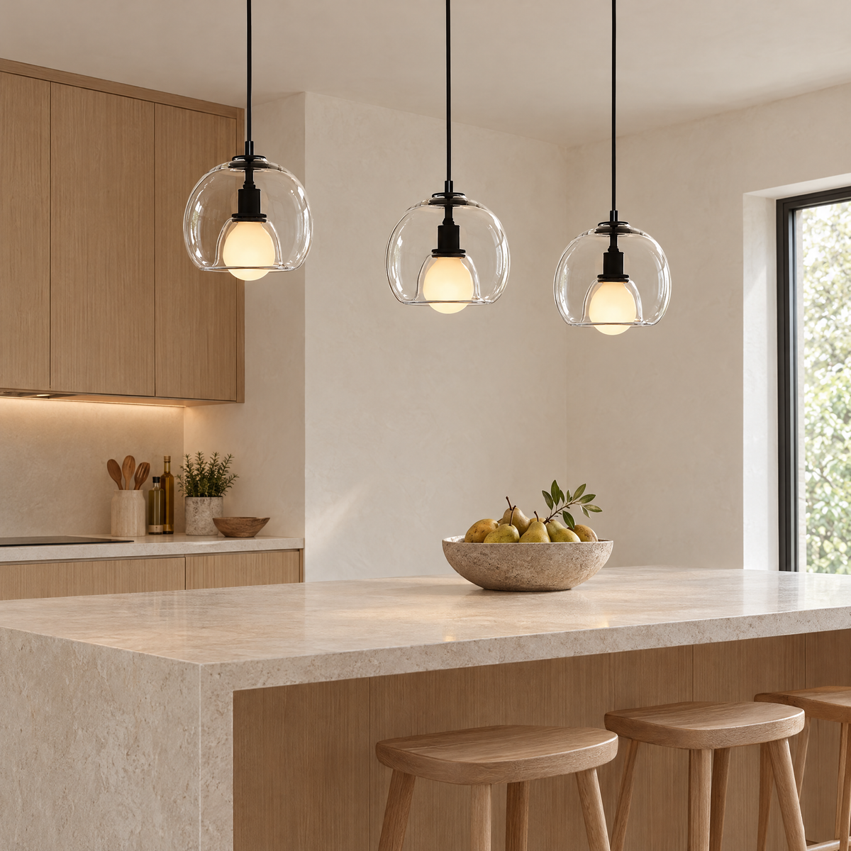 Vetro Glass Globe Pendant Light three in clear glass over a kitchen island