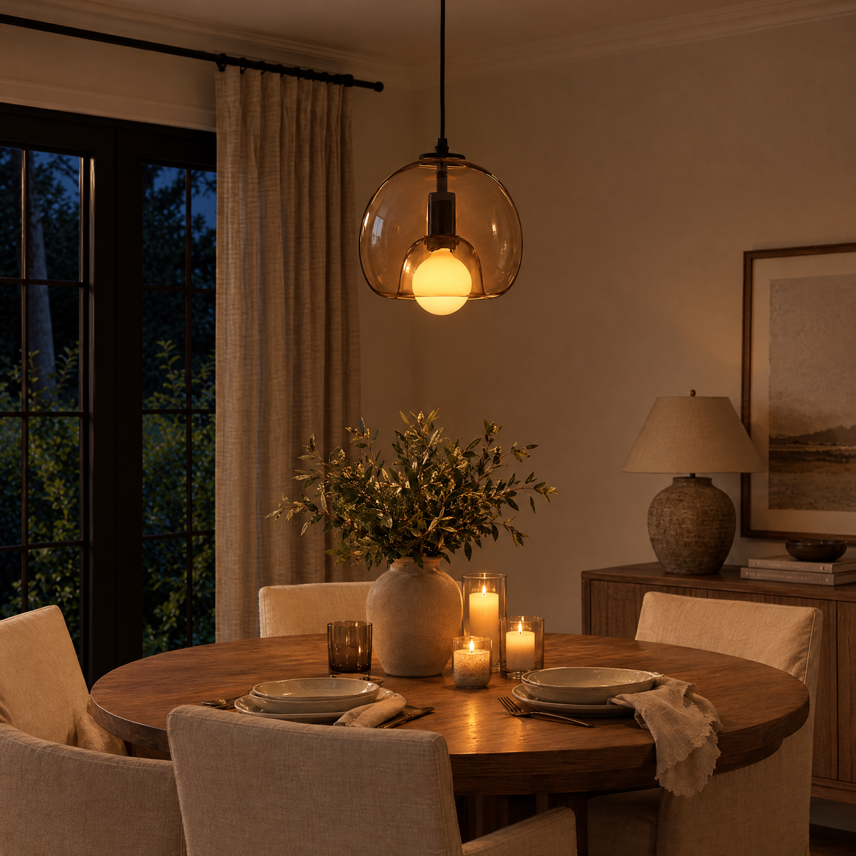 Vetro Glass Globe Pendant Light in amber over an oak dining table