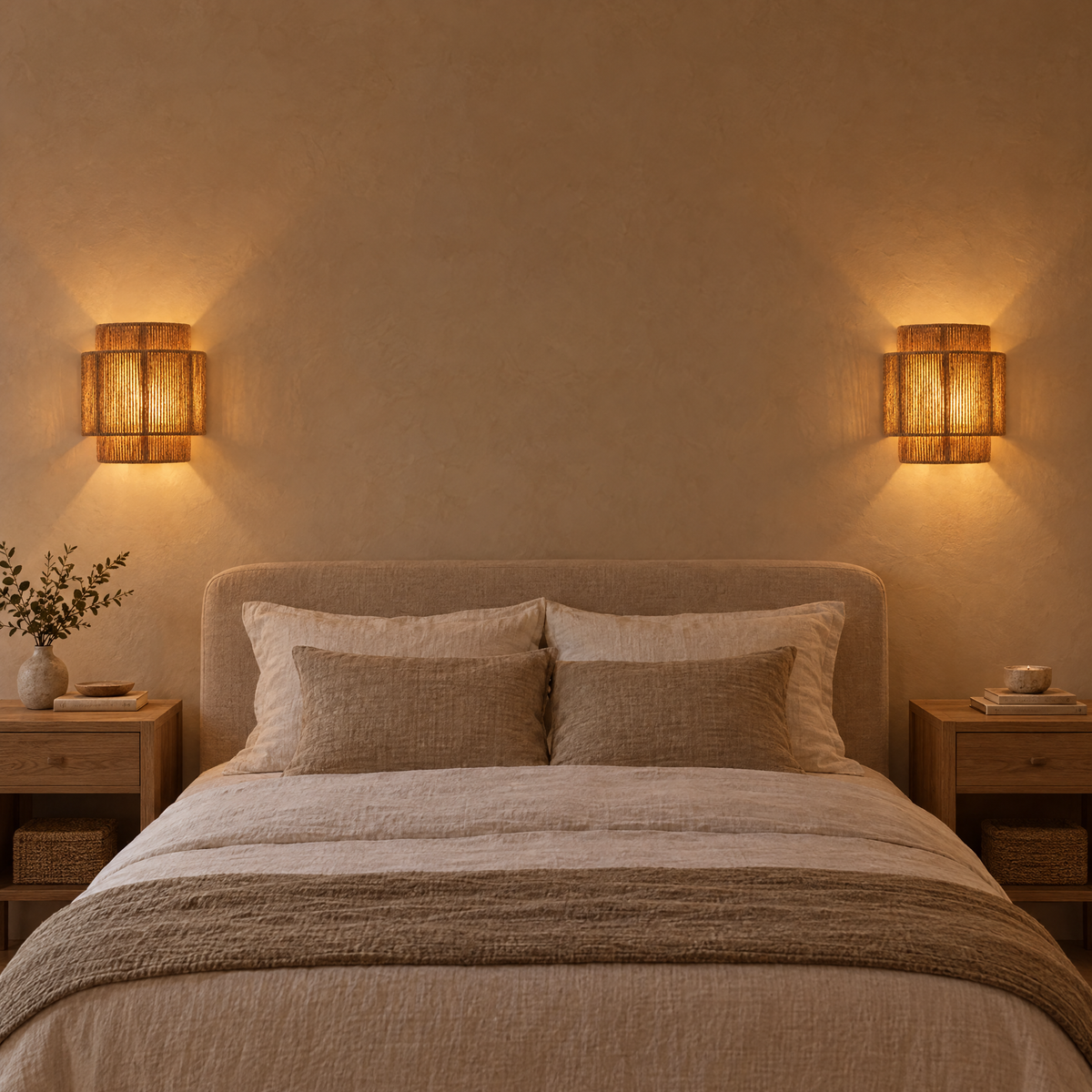 Vimini Woven Rattan Wall Light a pair either side of a linen bed