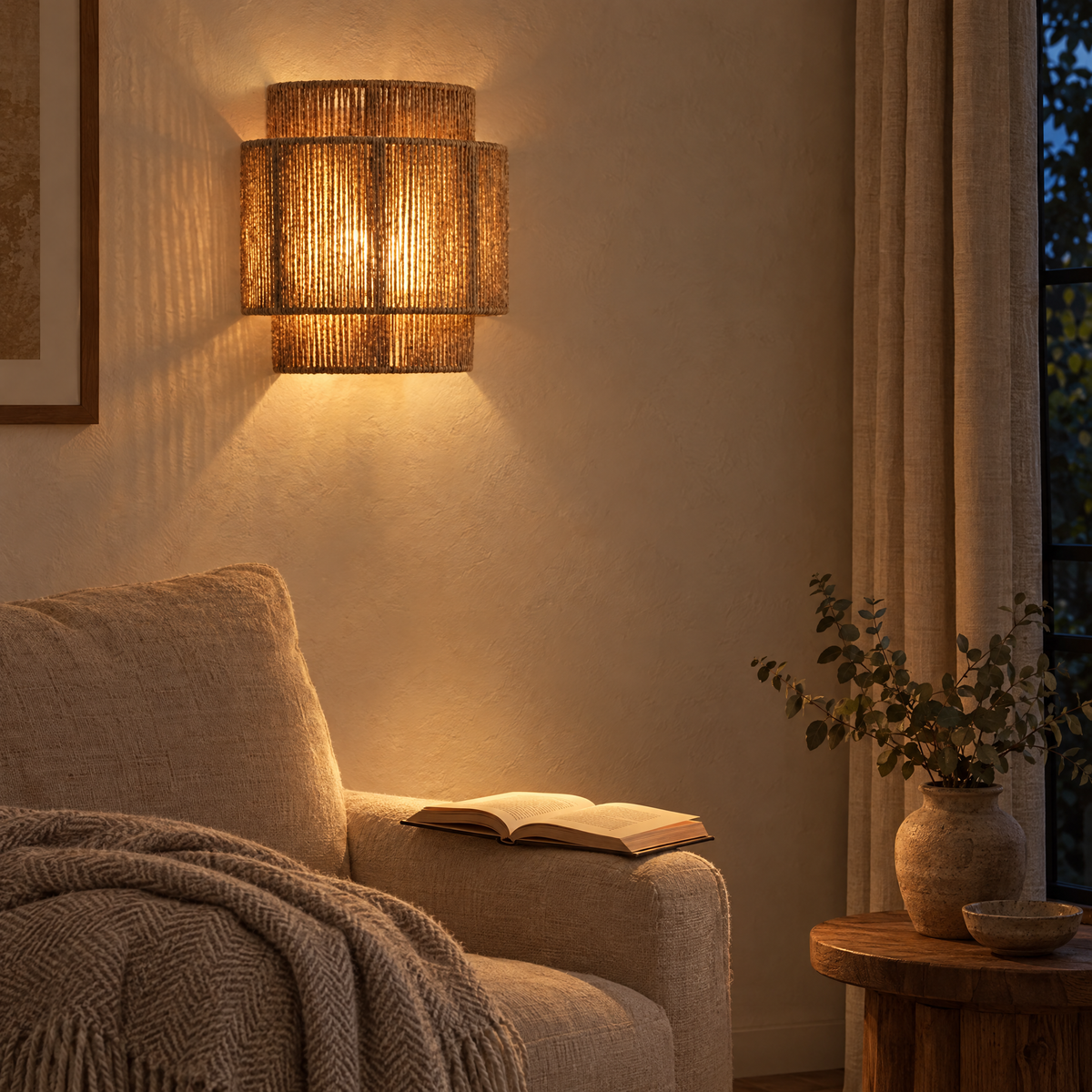 Vimini Woven Rattan Wall Light beside an armchair in a reading corner